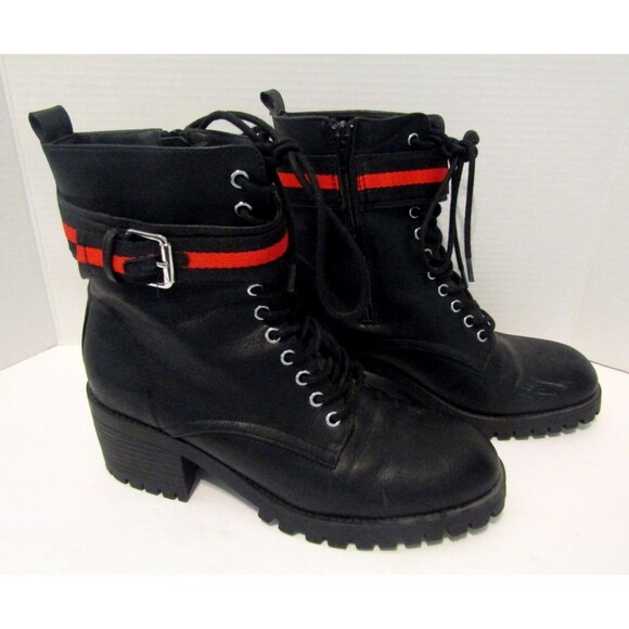 Madden NYC Georgiana Combat Boots Black Red Stripe Buckle Lug Sole 9.5 M - Picture 2 of 8